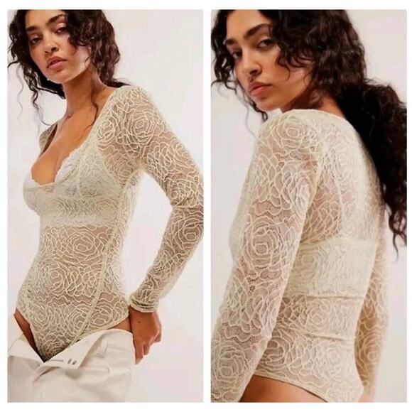 Free People Intimately In My Head Lace Bodysuit Size L Fern Moss Green Sheer - Picture 1 of 11